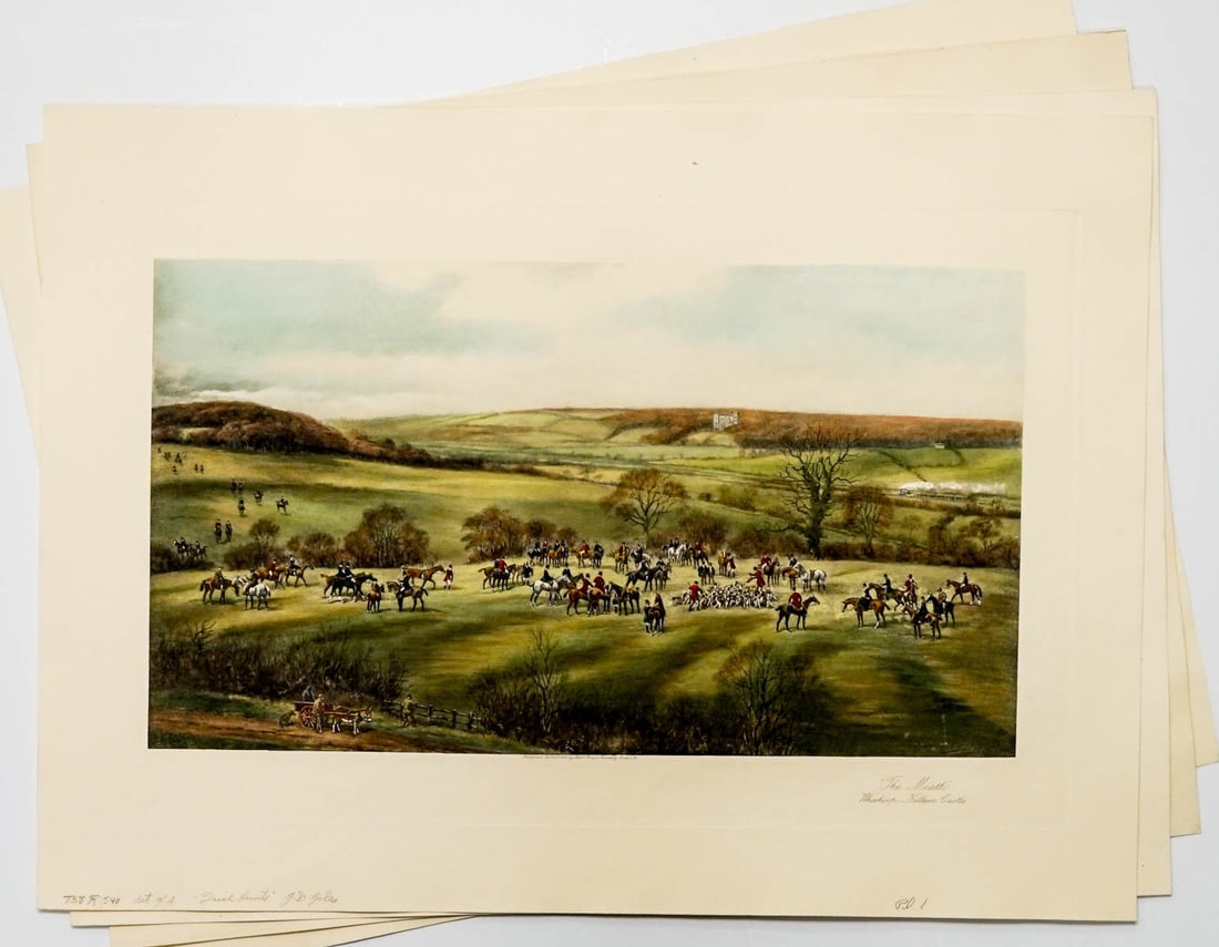 After Godfrey Douglas Giles (1857-1941): After Godfrey Douglas Giles (1857 - 1941) hand colored engravings set of 4 'Irish Hunt's'. These British restrike engravings are said to have been made from the original plates and date to the 2nd hal