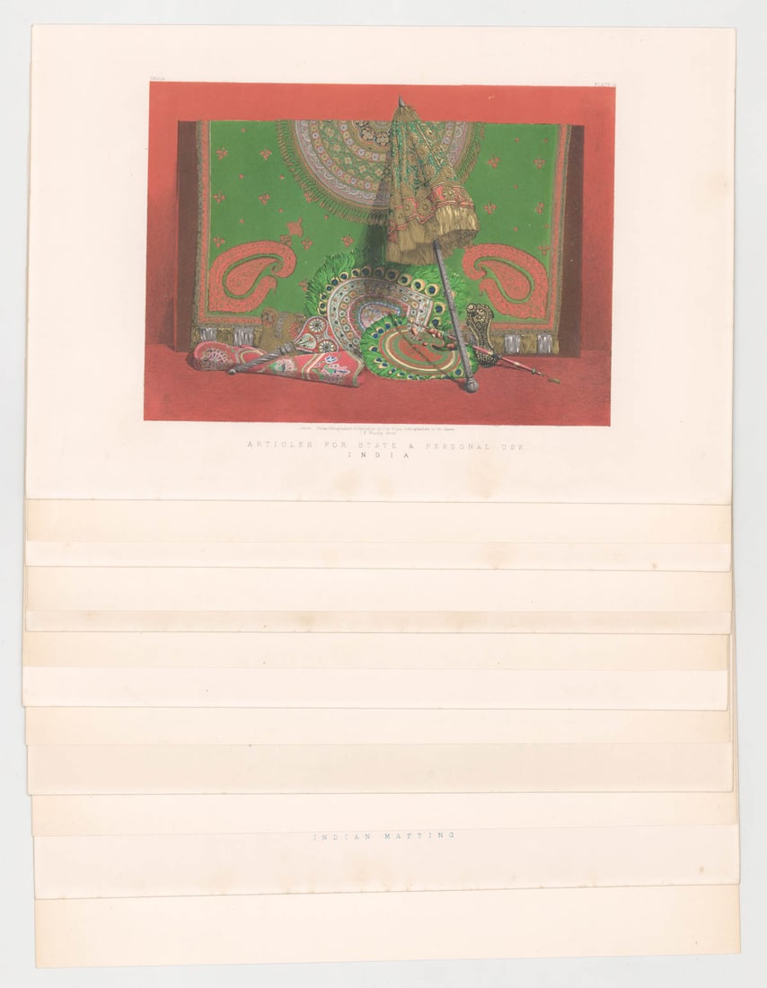 Waring Masterpieces of Industrial Arts [India]: Six (6) chromolithographs from 'Masterpieces of Industrial Arts and Sculpture at the International Exhibition 1862 Vol. 1' by J.B. Waring. Fine quality chromolithograph color prints of various items f