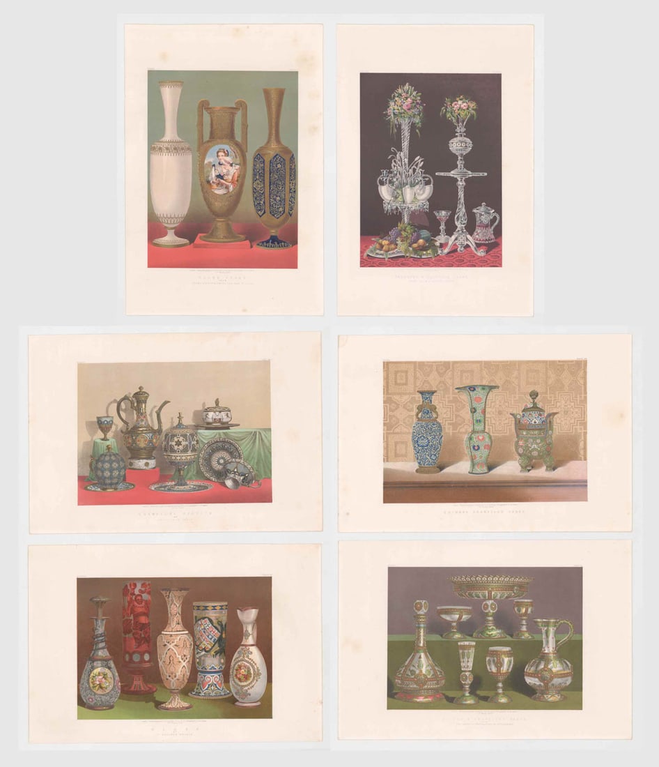 Waring Masterpieces of Industrial Arts [Glass]: Six (6) chromolithographs from 'Masterpieces of Industrial Arts and Sculpture at the International Exhibition 1862 Vol. 1' by J.B. Waring. Fine quality chromolithograph color prints of various glass a