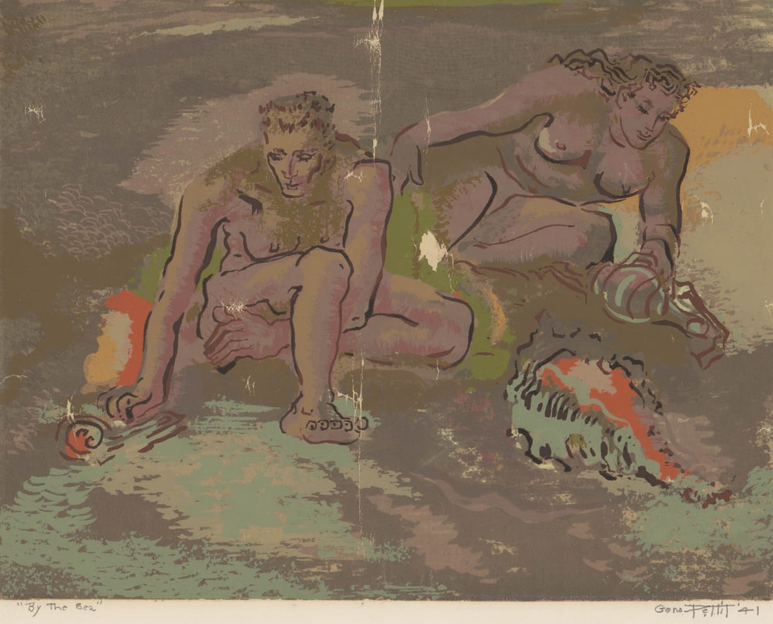 Geno Pettit Silkscreen [Man Woman Nudes]: Grace Pettit (Vermont, California, New York, Kansas, Missouri 1894 - 1982) silkscreen. Signed and dated ('41) by artist in pencil lower right. Title 'By the Sea' in pencil lower left. Measures 11-in. 