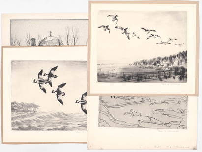 [Hunting] Paul Winchell Signed Etchings (4): Paul Winchell signed etchings (4). They measure approximately 8-in. x 10-in. plate size and 10-in. x 13-in. sheet sizes. EX/EX+ condition. Unframed, loose and not glued or mounted. If lot is absent of