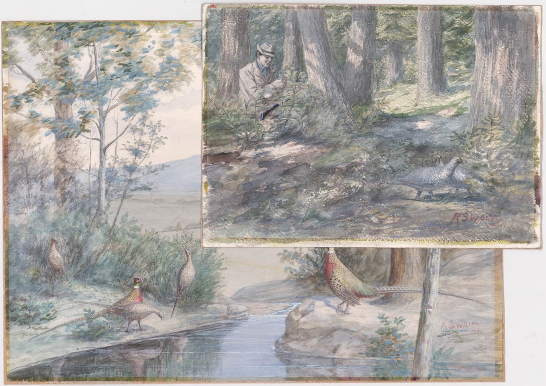 Robert Swaim (1848 - 1918) Watercolors (2): Robert Swaim (1848 - 1918) was active/lived in Washington, Indiana. Robert Swaim is known for Western, Native American, wildlife painting. They measure 10-in. x 14-in. and 15-in. x 20.5-in. image size
