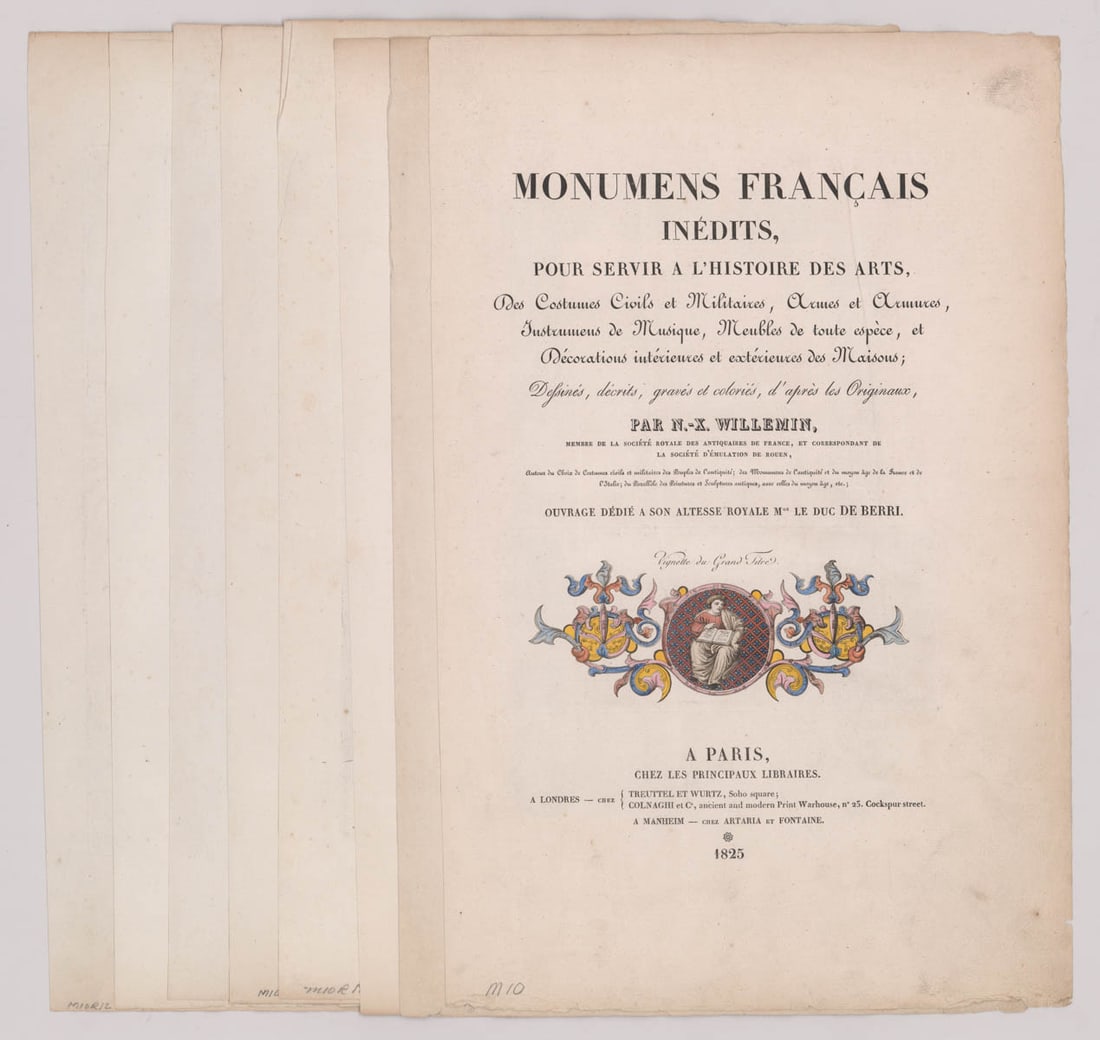 1825 France Engravings Architecture and Design: A group of eight antique France architecture and design engravings dating circa 1825 from Monumens Francais Inedits, Pour Servir A L'Histoire Des Arts. Prints measure approximately 17.625 in. x 11.375