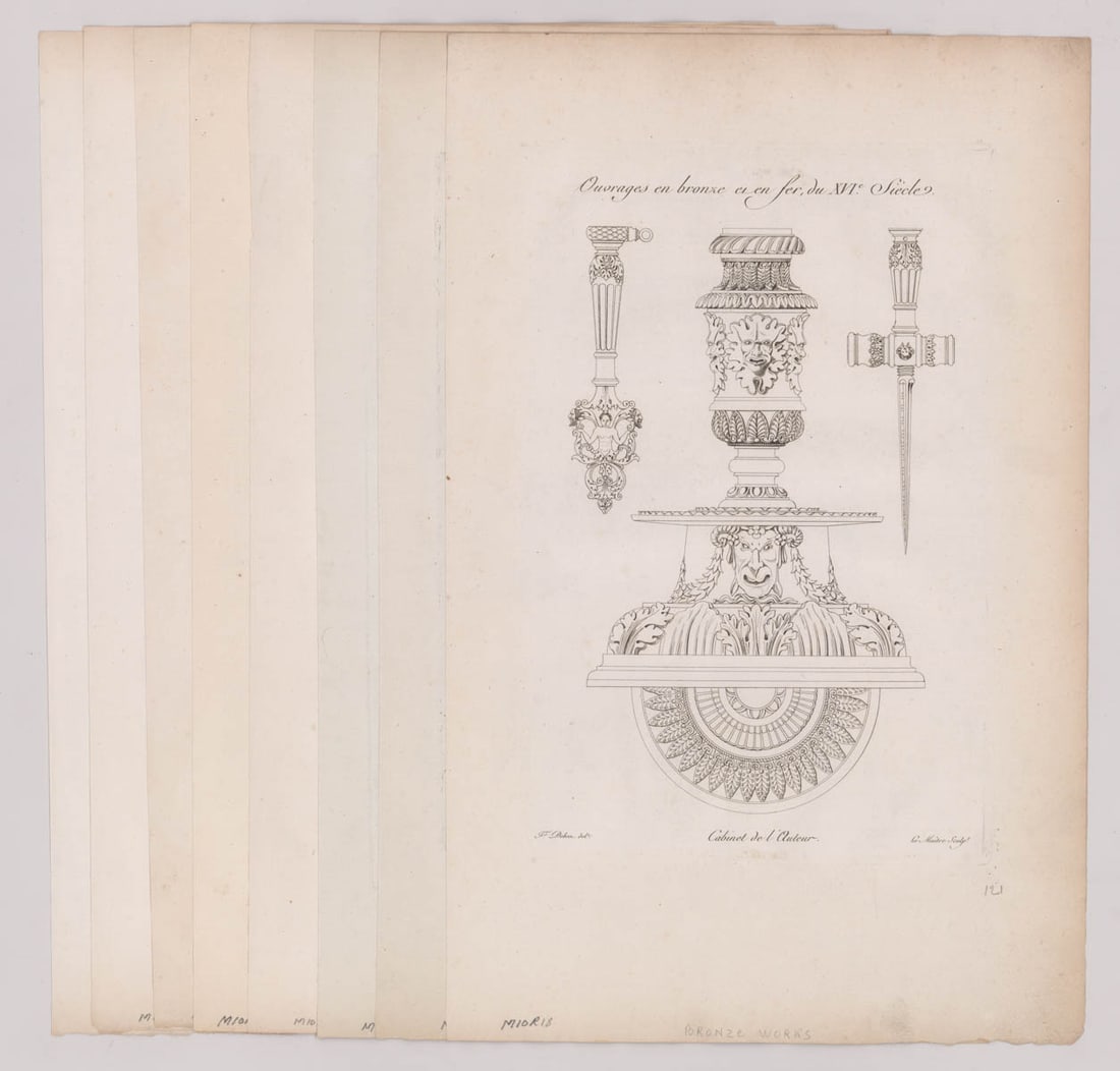 1825 France Engravings Architecture and Design: A group of eight antique France architecture and design engravings dating circa 1825 from Monumens Francais Inedits, Pour Servir A L'Histoire Des Arts. Prints measure approximately 17.625 in. x 11.375