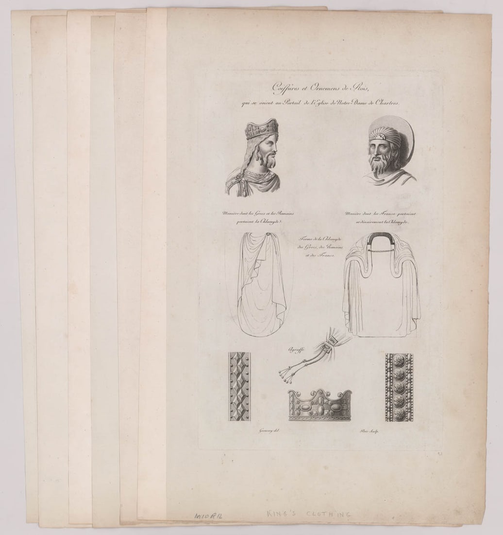 1825 France Engravings Architecture and Design: A group of seven antique France architecture and design engravings dating circa 1825 from Monumens Francais Inedits, Pour Servir A L'Histoire Des Arts. Prints measure approximately 17.625 in. x 11.375