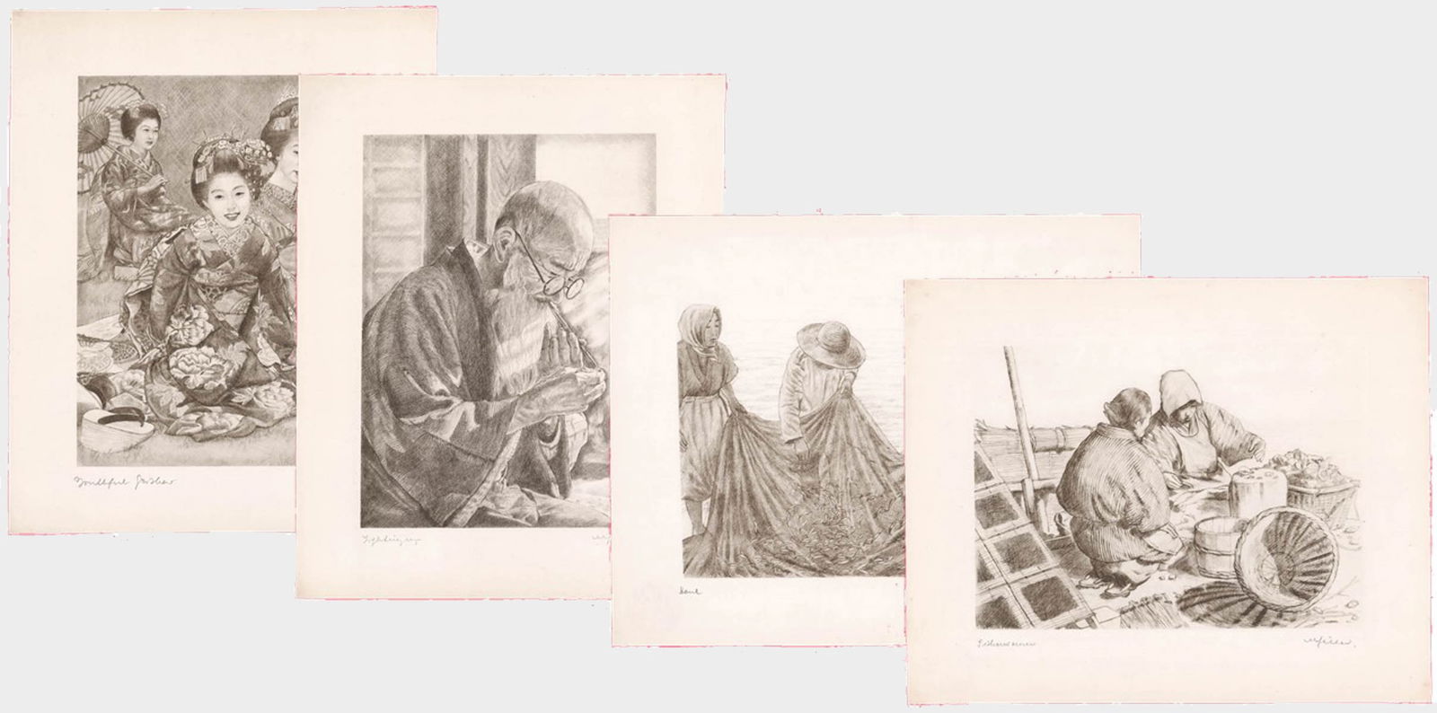 Illegibly Signed (4) Etchings [Asian People] (1 of 9)