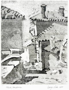 George Nick Signed Etching [Macedonia]: George Nick (Massachusetts b. 1927) signed etching. Signed and dated 'George Nick 2000' in pencil lower right. Number and title '4/20 Ohrid, Macedonia' in pencil lower left. Measures 9.75-in. x 7.875-