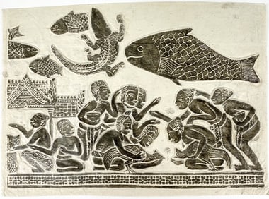 Ethnic Embossed Woodcut [People, Fish]