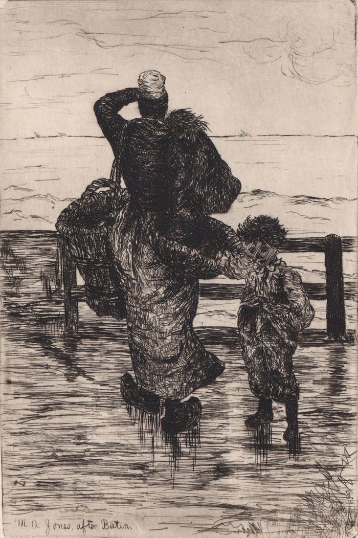 Margaret Atwater Jones AFTER Butin Etching SCARCE: Margaret Atwater Jones (Massachusetts, 1864-1955) etching AFTER Ulysse Butin (French 1838-1883). Signed in plate. Image measures 6 in. x 4 in. Sheet measures 12.375 in. x 8.25 in. Unframed, loose and