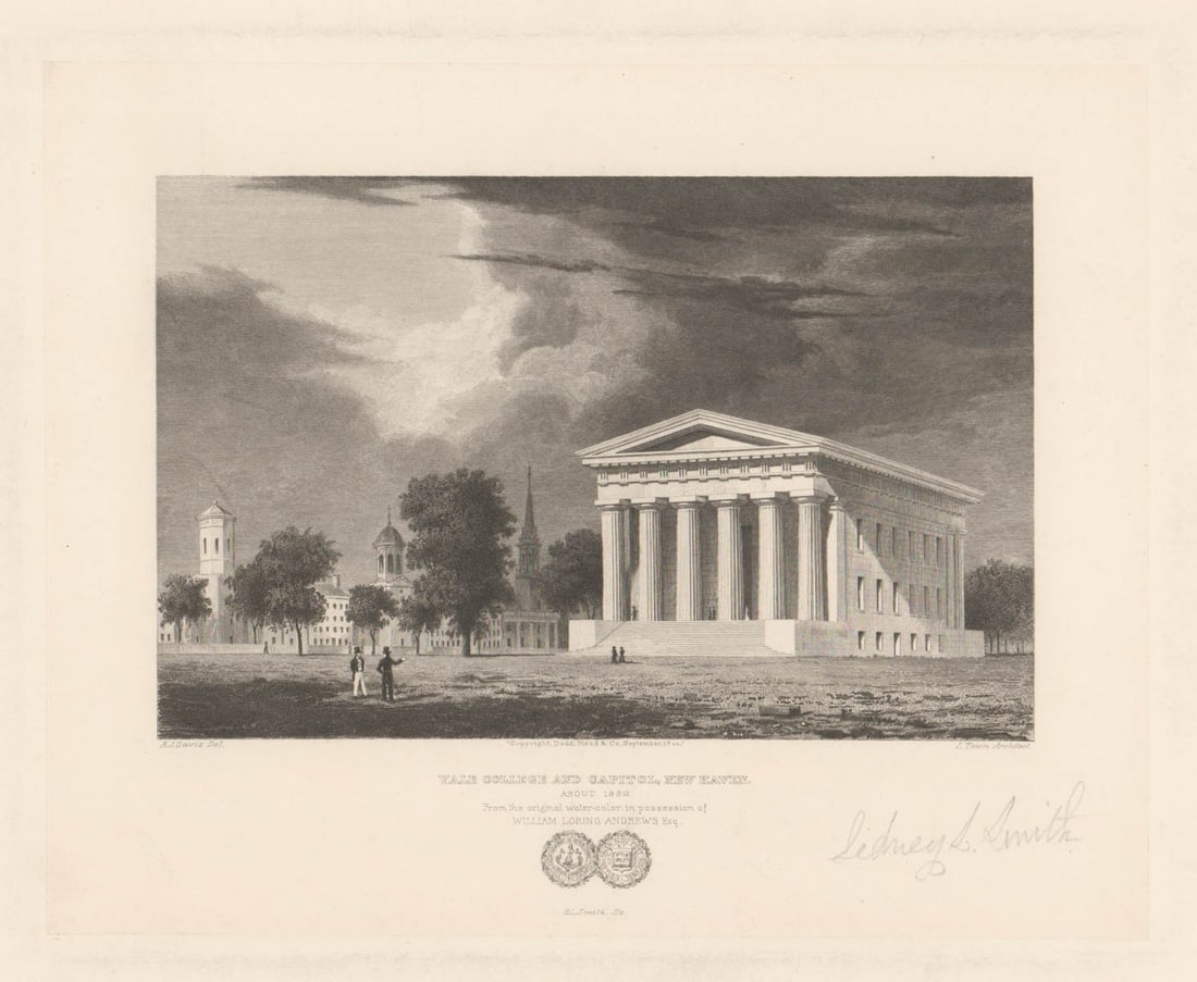 Sydney Lawton Smith Engraving SIGNED [Yale]: Sydney Lawton Smith (Massachusetts, 1845-1906) engraving pencil signed. Plate measures 6.25 in. x 7.75 in. Sheet measures 12 in. x 16 in. Unframed, loose and not glued or mounted. Provenance: Estate c