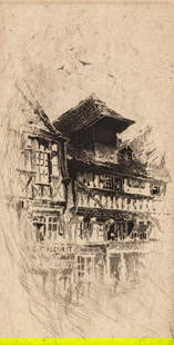 John Taylor Arms Etching Signed 1916: John Taylor Arms (American, 1887-1953) pencil signed etching 'A gable in the grand Rue, Lisieux' 1917. Plate measures 5.125 in. x 3 in. Sheet measures 7.75 in. x 5 in. Unframed, loose, not mounted or