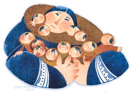 Rie Munoz Lithograph SN 'Baby Girls Legend' 1988: Rie Munoz (August 17, 1921 – April 6, 2015) was an American artist and Bureau of Indian Affairs educator, Alaska. Print is pencil signed lower right, titled 'Baby Girls Legend' lower left and