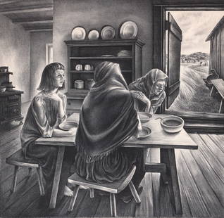 John S. de Martelly Lithograph SIGNED AAA: John S. de Martelly (American, 1903-1979) lithograph 'Give Us This Day' pencil signed lower right. Image measures 14 in. x 14 in. Unframed, loose, not mounted (mat residue in margins). Print sheet
