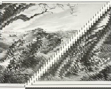 John S. de Martelly Lithograph LTD SIGNED AAA: John S. de Martelly (American, 1903-1979) original lithograph 'Blue Valley Fox Hunt' pencil signed lower right. Mat framed. Image measures 13.5 in. x 17 in. Frame measures approximately 18 in. x 22