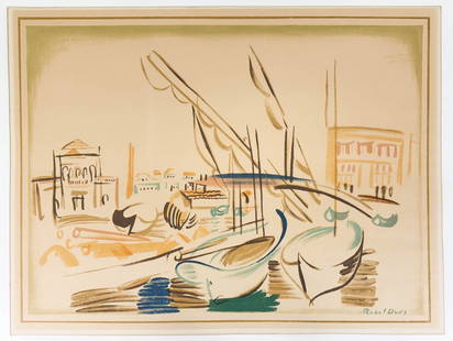 Raoul Dufy Lithograph [Harbor, Sailboats]: Raoul Dufy (French, 1877-1953) lithograph plate signed lower right. Image measures 19.5 in. x 26 in. Sheet measures 21.25 in. x 27.75 in. Unframed, loose, not mounted or glued down. Print sheet