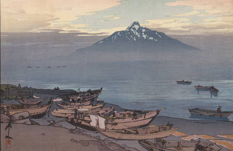 Hiroshi Yoshida Woodblock Print SIGNED: Hiroshi Yoshida (Japanese, 1876-1950) woodblock pencil signed lower right and titled 'Peaceful Rishiri'. Juzuri seal lower left, Japanese characters left margin. Note light vertical lines across