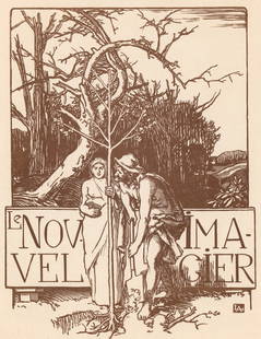 Auguste Lepere Woodcut in Bistre c1905: Auguste Lepere woodcut in bistre circa 1905. Initialed in block lower right. Titled 'Lenovvel Imagier'. Image measures 8 in. x 6 in. Sheet measures approximately 11.25 in. x 8 in. Print measures
