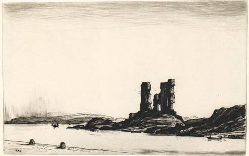 Sir David Young Cameron Drypoint Etching SIGNED: Sir David Young Cameron (Scotland, 1865-1945) pencil signed drypoint etching lower right. Castle Moyle 1932. Edition 145/220. Plate measures 7 in. x 10.75 in. Sheet measures 9 in. x 13.5 in. Print