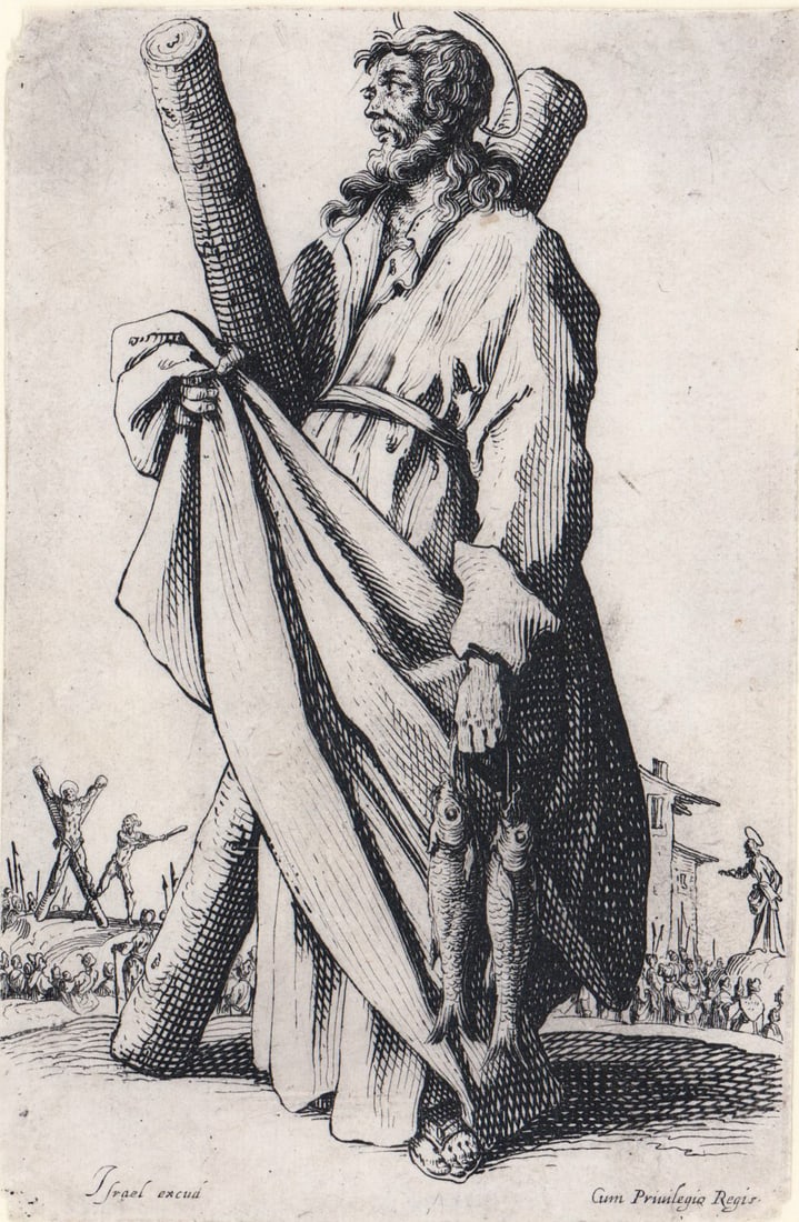 Jacques Callot Etching 1629 [St. Andrew]: Jacques Callot (French 1592-1635) etching of St. Andrew. Trimmed to plate mark, upper left corner loss. Measures 5.75 in. x 3.75 in. Hinge mounted to paper board. Sheet measures 8.375 in. H x 7.75 in.