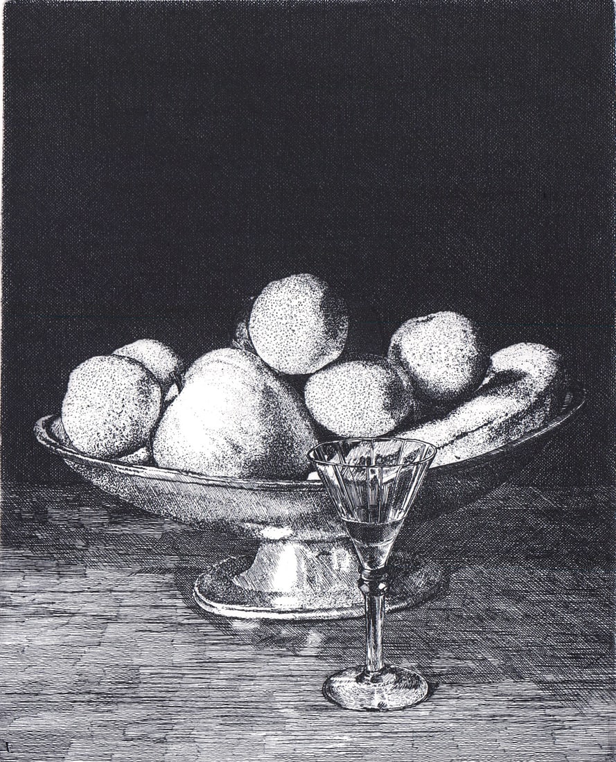 Gianni Cacciarini Etching [Fruit Bowl] AAA: Gianni Cacciarini (Italian b. 1941) "Fruit Bowl," etching. signed in pencil lower right, numbered 85/250 lower left. Associated American Artists edition. Image measures 9 in. x 7.375 in. Unframed, loo