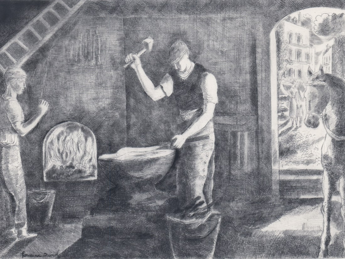 Hermine David Etching 1945 #196/340 [Blacksmith]: Hermine David (French, 1886-1971) etching from Alterances dated 1945 numbered 196/340 and titled 'Blacksmith'. Mat framed. Sight size measures 8.125 in. x 11 in. Mat frame measures 12 in. x 16 in. Mat