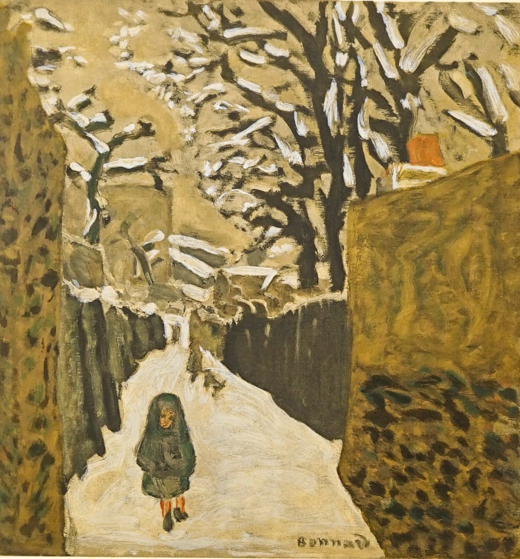 Pierre Bonnard Lithograph #63/220: Pierre Bonnard (French, 1867-1947) plate signed and numbered 63/220 lithograph. Girl on path in the snow. Image measures 16.125 in. x 15.25 in. Unframed, loose, not mounted or glued down. Print sheet