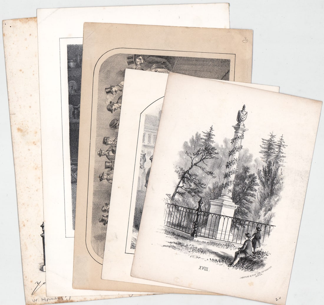 John Henry Bufford (5) RARE Lithographs: John Henry Bufford (Boston, 1810-1870) was a 19th century lithographer. Includes (5) assorted topic lithographs. Sheets measure 5.5 in. to 9.5 in. x 5.25 in. to 8.75 in. Unframed, loose, not mounted o