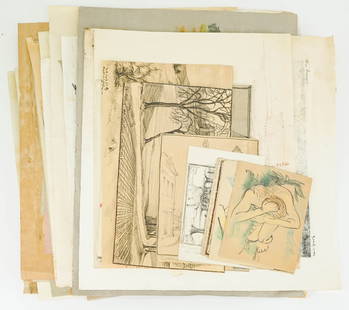 Archive (100) Original Art and Prints [Locher]: Archive of over one-hundred (100) pieces of original art and prints. Includes original drawings by A. Locher (German/American). Unframed, loose, not glued or mounted. Provenance: Estate collection of