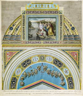 Johan Ottaviani Engraving [The Vatican-Moses]: Johan Ottaviani [1735-1808] after Cai Savorelli & Pet Camporesi, 18th-century coloured engraving of the decorations by Raphael in the Loggia at The Vatican. Engraving of ?Pharaonis filia cum vidisset