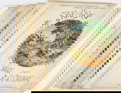 Color Litho 19th Century (10) Sheet Music: Ten (10) disbound 19th century sheet music with color lithograph covers. Includes: Circassian Polka; Regatta; The West End; Magara; Schottisch; Edinburgh; Delhi Polka; See Saw; La Fille Du Regiment. M