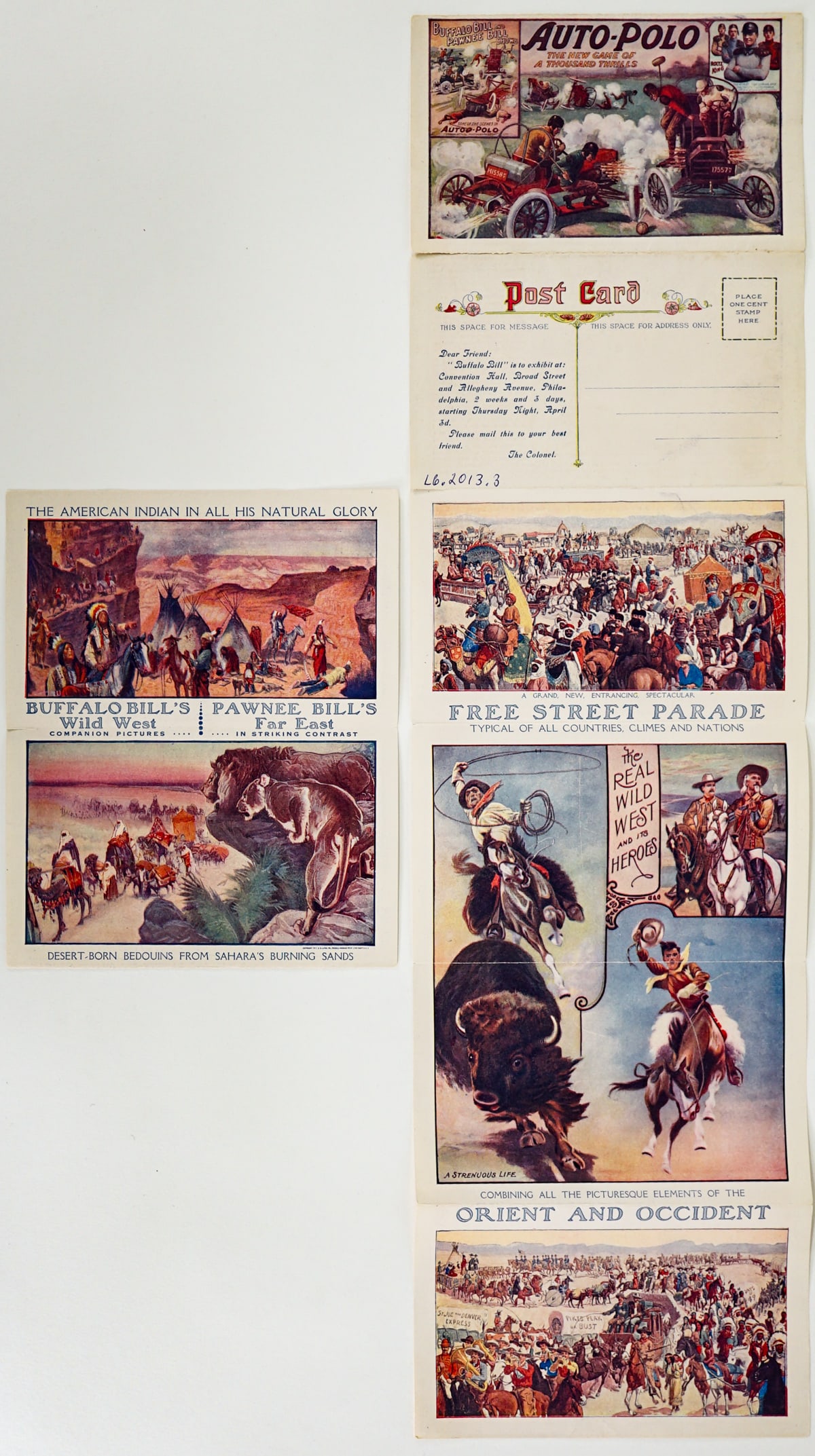 Scarce 1913 Advertising Postcard - Buffalo Bill: Fold Out Postcard that Advertises the Arrival and Show Dates for Buffalo Bill's Wild West & Pawnee Bill's Far East Shows. Postcard is in two pieces and has a few other small tears. See pictures. Postc