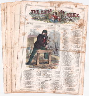 Antique (7) The Child at Home Newspapers: Seven (7) antique 4 pp. monthly newspapers published by The American Tract Society, Boston. Issues from 1867 to 1970 (not a complete run). Includes August 1867 No. 8; December 1868 No. 12; March 1869