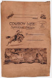 RARE Oversized Western Leather Postcard: Oversized Western Leather Postcard, Cowboy Life Souvenir Folder. Note this may be the cover only of mentioned folder. It is pasted down to art paper. Measures 17.25 in. x 11.5 in. Unframed, loose,
