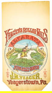 Vintage Yeager's Roller Mills Alfarata Flour Bag: YEAGER'S ROLLER MILLS ALFARATA FLOUR BAG YEAGERSTOWN, PA. JUNITAS QUEEN. Measures 24.625 in. x 13.25 in. Measures 24.625 in. H x 13.25 in. W for shipping purposes. The absence of a condition report
