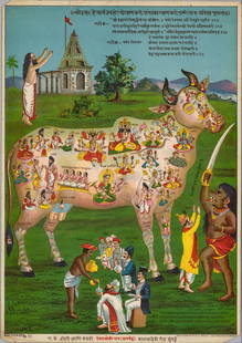 Raja Ravi Varma Sacred Cow Lithograph: Raja Ravi Varma Sacred Cow lithograph. Measures approximately 14 in. x 9.75 in. Edges with tears and chips. Unframed, loose, not mounted or glued down. Print with protective sleeve measures 14.5 in.
