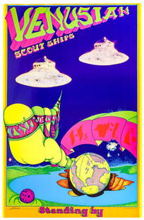 Venusian Scout Ships Standing By Poster 1967: Advertising Poster The Woods - Venusian Scout Ships Standing By poster of two flying saucers hovering above planet Earth, which is surrounded by psychedelic graphics.1967 Donshel, San Francisco. EX.