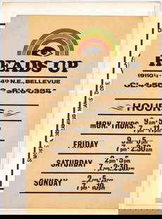 Psychedelic (2) Posters [Sohigh Imports]: Two (2) vintage 'Head Shop' posters. Include: Smoke Opium - Sohigh Imports. Measures 19.375 in. x 14.25 in.; Heads Up Shop, Hours of Operation Bellevue - Washington. Measures 18 in. x 12 in. Both