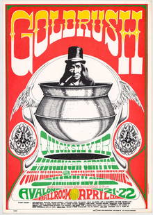 1967 Quicksilver Messenger Service Concert Poster: 1967 Goldrush - Quicksilver April 21-22 Avalon Ballroom concert poster. 1967 Family Dog. No. 58-1. Rick Griffin artist. EX+. Poster measures 20 in. x 14 in. Unframed, loose, not mounted or glued