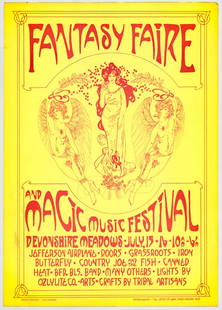 Fantasy Faire & Magic Music Festival 1967 Poster: 1967 Fantasy Faire and Magic Music Festival Devonshire Meadows July 15-16 concert poster. Featuring Jefferson Airplane, The Doors, Grassroots, Iron Butterfly, Country Joe and the Fish, and many more.