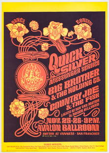 1966 Quick Silver, Big Brother Avalon Poster: Original 1966 Rock Poster Quick Silver, Big Brother, Country Joe - November 25-26 Avalon Ballroom Concert. Family Dog 1966. No. 36-3. EX+. Measures 20.125 in. x 14.25 in. Unframed, loose, not mounted