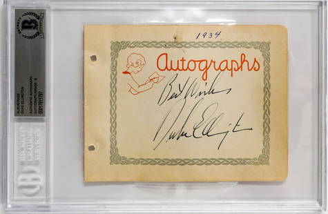 Duke Ellington Autographed Album Page: Duke Ellington Autographed Album Page. Beckett Auto Grade 8. Obtained at Danceland in 1934. Authenticated and encapsulated by Beckett Authentication Services #00017911797. Autograph album page