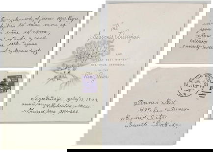 Grandma Moses SIGNED Greeting Card COA: Grandma Moses signed greeting card and additional card penned in the hand of Grandma Moses. Beckett Authentication Services #BR39965. Card lot measures with protective sleeve 9.25 in. H x 6.5 in. W x
