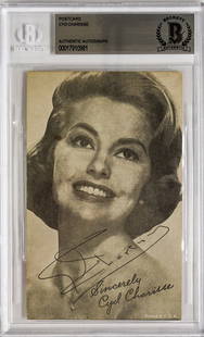 Rare Cyd Charisse Autographed Exhibit Card: Rare Cyd Charisse Autographed Exhibit Card. Card measures 5.3125 x 3.375 inches. Authenticated and encapsulated by Beckett Authentication Services #00017910981. For shipping purposes only; measures