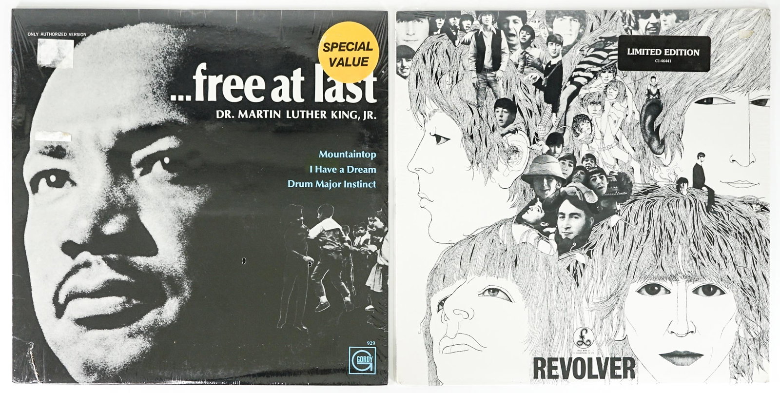 Sealed (2) Vinyl LP's [MLK; Beatles]: 33 RPM albums include: 1) ...free at last, Dr. Martin Luther King, Jr. (tear to lower left corner). Gordy 929. 2) Revolver by The Beatles. 1995 Capitol Records Limited Edition C1 0777 7 46441 1 2. Rec
