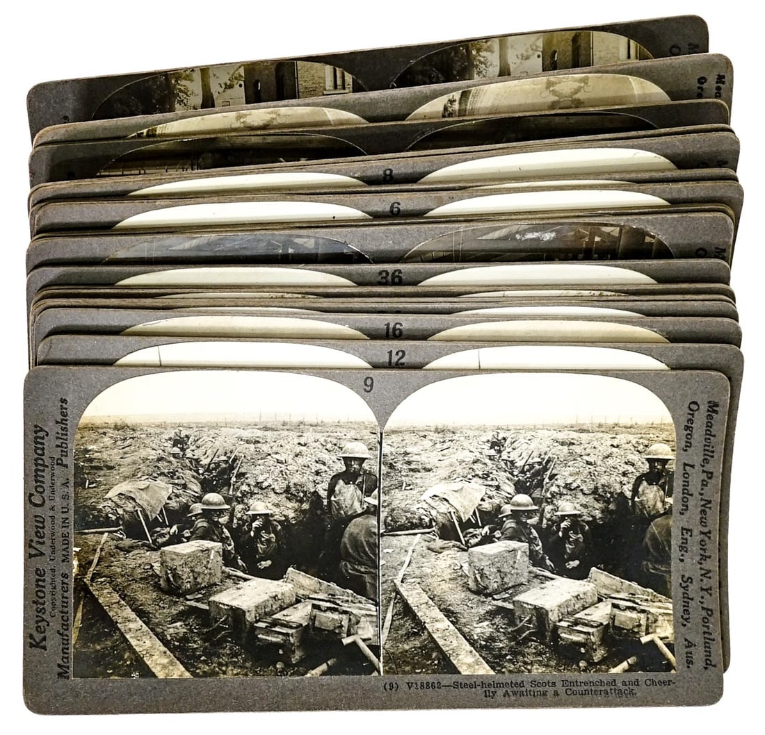 Antique (20) Stereoviews [WWI, France]: Twenty (20) antique stereoviews of WWI, France. Lot measures 3.5 in. H x 7 in. W x 1.5 in D. The absence of a condition report does not imply that the lot is in perfect condition or completely free fr