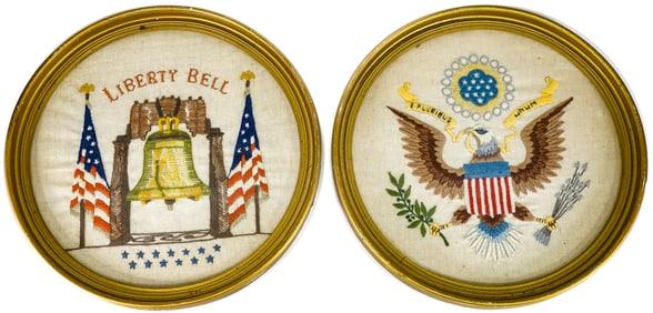 Pair of Patriotic Embroidered Items Framed