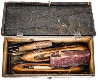Antique Sewing Implements w/ Wood Box