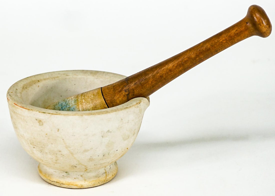 Antique Pharmacy 4IN Mortar and Pestle [Maw Son]: Antique pharmacy - apothecary mortar and pestle. Maw Son and Sons, London. Circa 1901-1920. Mortar measures approximately 4 in. across x 2.5 in. high. Pestle with wood handle marked 'C' measures 6.75