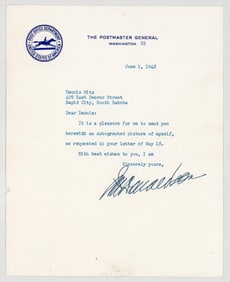 Jesse M. Donaldson SIGNED 1948 Typed Letter COA