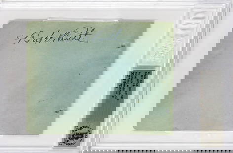 Babe Ruth Autographed Album Page BAS 8: Babe Ruth Autographed Album Page Beckett Auto Grade 8. Authenticated and encapsulated by Beckett Authentication Services #00017911793. Autograph album page measures 4.375 x 5.75 inches. For shipping
